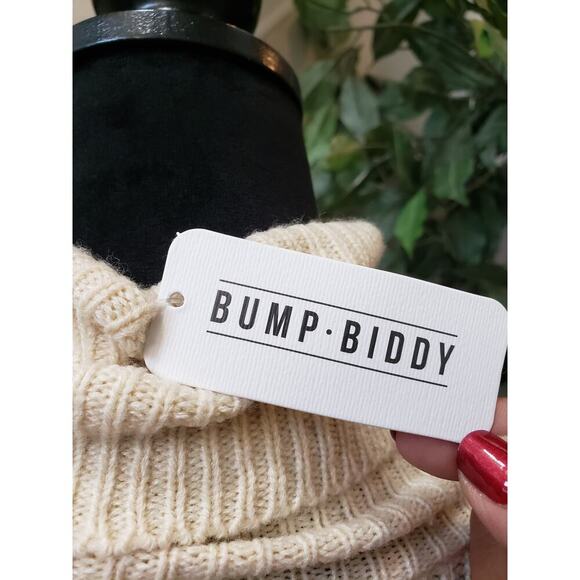 Bump Biddy Sweater Dress Maternity Beige Ribbed Puffy Fur Sleeve Turtleneck LG - Picture 2 of 14